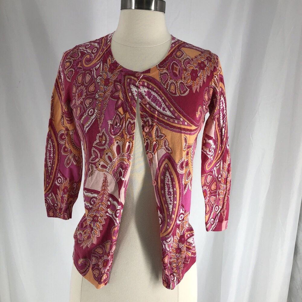 Talbots Top Womens XS Pink Orange Paisley 3/4 Sleeve Cardigan Sweater Spring